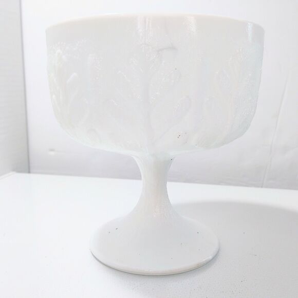 Vtg FTD 1975 White Milk Glass Oak Leaf Compote Bowl Pedestal Floral Arrangements - Picture 2 of 8